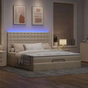 vidaXL Οθωμανικό κρεβάτι με στρώμα &amp; LEDs Cream 160x200cm ύφασμα