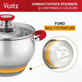 Κατσαρόλα Oliver Voltz OV51210N22, 22 cm, 4.6 l, Επαγωγή, Κόκκινες λαβές από σιλικόνη, Inox/Κόκκινος