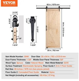 VEVOR Barn Door and Hardware Kit 30&quot; x 84&quot; Wood Sliding Barn Door Kit Smoothly