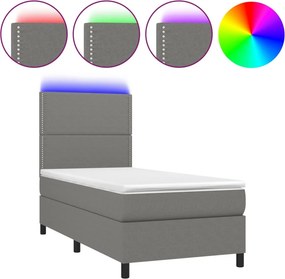 vidaXL Κρεβάτι Boxspring με Στρώμα &amp; LED Σκ.Γκρι 90x200 εκ. Υφασμάτινο