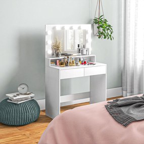 HOMCOM Τουαλέτα με φωτιζόμενο καθρέφτη, συρτάρια, 3 επιλογές φωτισμού, 10 λαμπτήρες, μοντέρνο έπιπλο μακιγιάζ σε λευκό