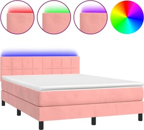 vidaXL Κρεβάτι Boxspring με Στρώμα &amp; LED Ροζ 140x200 εκ. Βελούδινο