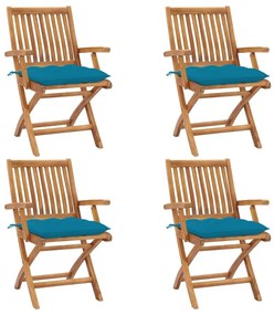 Καρέκλες Κήπου Πτυσσόμενες 4 τεμ. Μασίφ Ξύλο Teak με Μαξιλάρια - Μπλε