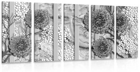 Αφηρημένα λουλούδια εικόνας 5 μερών σε μαρμάρινο φόντο σε ασπρόμαυρο - 100x50