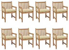 Καρέκλες Κήπου 8 τεμ. Μασίφ Ξύλο Teak με Λευκά Κρεμ Μαξιλάρια - Λευκό