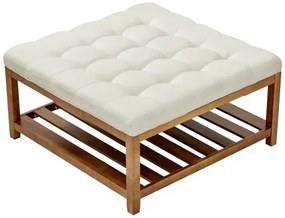 VEVOE Large Square Ottoman Coffee Table, 87.5 cm Tufted Coffee Table with Solid Wood Shelf Storage, Linen Solid Upholstered Footrest Ottoman for Bedroom Living Room, 400 LBS, Off-White
