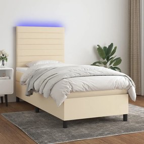 Κρεβάτι Boxspring με Στρώμα &amp; LED Κρεμ 90x200 εκ. Υφασμάτινο - Κρεμ