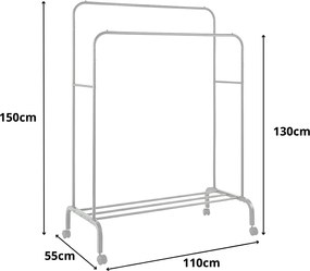 Διπλή Tροχήλατη Κρεμάστρα Δαπέδου 110x55x150cm με 1 Ράφι - Άσπρο
