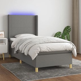 Κρεβάτι Boxspring με Στρώμα & LED Σκ.Γκρι 90x200 εκ. Υφασμάτινο