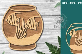 Σετ των 2 Intra απο ξύλο plywood  Χρώμα wenge 3mm-4mm πάχος - Ψάρια σε μπολ Διακόσμηση κοπής με λέιζερ 4 Δίασταση 20x20 cm INTRAFABR-118583818