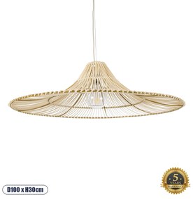 GloboStar® PALERMO 02209 Boho Κρεμαστό Φωτιστικό Οροφής Μονόφωτο 1 x E27 AC220-240V IP20 - Φ100 x Υ30cm - Μπεζ Ξύλινο Μπαμπού Πλέγμα