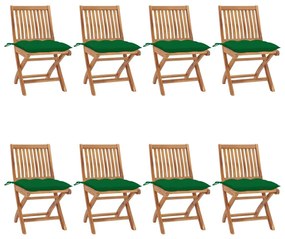 Καρέκλες Κήπου Πτυσσόμενες 8 τεμ. Μασίφ Ξύλο Teak με Μαξιλάρια - Πράσινο