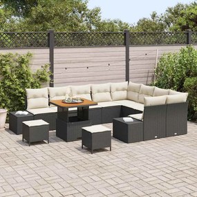 vidaXL Σετ κήπου 12 τμχ με μαξιλάρια, μαύρο πολυ rattan, ακακία.