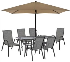 DINING SET 8PCS TABLE WITH GRAY ARMCHAIRS &amp; MOCHA GRAY UMBRELLA