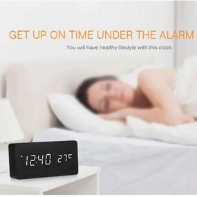 Επιτραπέζιο Ξύλινο Ψηφιακό Ρολόι με οθόνη LED, Ξυπνητήρι, Θερμόμετρο - Μαύρο