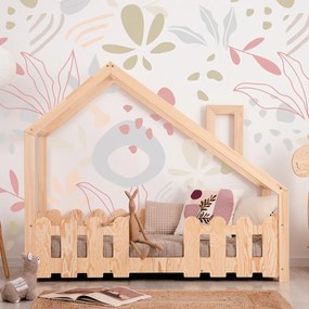 Kρεβάτι Παιδικό Montessori Small House με Κάγκελα + Καμινάδα σε Φυσικό  Ξύλο  90×200cm  Adeko (Δώρο 10% έκπτωση στο Στρώμα)