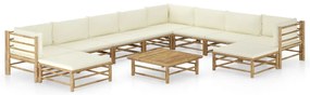 vidaXL Σαλόνι Κήπου Σετ 11 τεμ. από Μπαμπού με Λευκά Κρεμ Μαξιλάρια