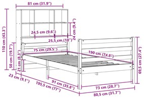 Κρεβάτι Βιβλιοθήκη Χωρίς Στρώμα 75x190 εκ Μασίφ Ξύλο Πεύκο - Καφέ