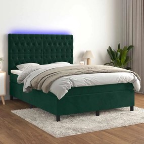 vidaXL Κρεβάτι Boxspring με Στρώμα &amp; LED Σκ. Πράσινο 140x200εκ Βελούδο