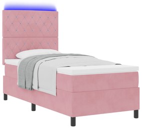 vidaXL Κρεβάτι Box Spring με Μαξιλάρι & LED Ροζ 90x190 εκ Βελούδινο