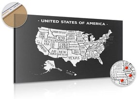 Εικόνα εκπαιδευτικού χάρτη από φελλό των ΗΠΑ σε ασπρόμαυρο - 90x60  peg