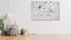Εικόνα σε φελλό ενός ασπρόμαυρου παγκόσμιου χάρτη με ζώα - 90x60  transparent