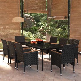 vidaXL Σετ Τραπεζαρίας Κήπου 9 τεμ Μαύρο με Μαξιλάρια