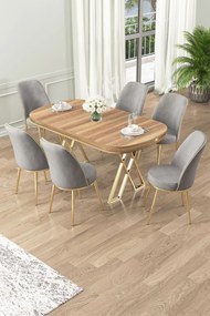 Dining Table &amp; Chairs Set (7 Pieces) Lai - Light Walnut, Gold, Grey Light Walnut
Gold
Grey