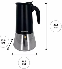 Κουβανέζικη καφετιέρα Klausberg KB 7847, 12 φλιτζάνια, 600 ml, Ανοξείδωτο, Επαγωγική, Μαύρο/Inox