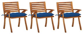 Καρέκλες Τραπεζαρίας Κήπου 3 τεμ Μασίφ Ξύλο Ακακίας &amp; Μαξιλάρια - Μπλε