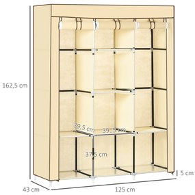 HOMCOM Υφασμάτινη ντουλάπα, λύση αποθήκευσης, 8 ράφια, 2 ράγες ρούχων, Μπεζ