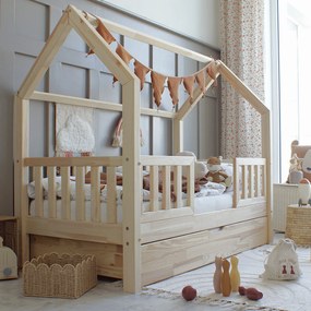 Κρεβάτι Παιδικό Montessori Bianco  Duo Plus με κάγκελα 30cm + Συρτάρι Ύπνου σε Φυσικό  Ξύλο  90×190cm  Luletto (Δώρο 10% έκπτωση στο Στρώμα)