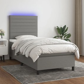 Κρεβάτι Boxspring με Στρώμα & LED Σκ.Γκρι 90x190 εκ. Υφασμάτινο
