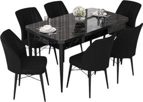Extendable Dining Table &amp; Chairs Set (7 Pieces) Nef - Black Marble, Black Black Marble
Black