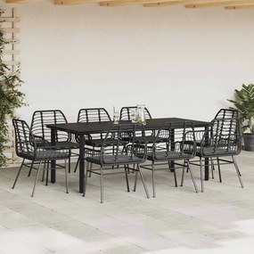 vidaXL Σετ Τραπεζαρίας Κήπου 9 τεμ Μαύρο Συνθ.Ρατάν/Γυαλί με Μαξιλάρια