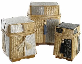 Σετ Διακοσμητικών Κουτιών DKD Home Decor Λευκό Μαύρο Γκρι Φυσικό Bamboo Boho (3 Τεμάχια)