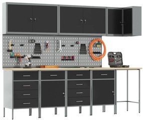 vidaXL 12 κομμάτια Σετ Ντουλάπας Εργασίας και Πίνακα Μεγάλων Μαύρο MDF και Μέταλλο