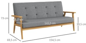 HOMCOM Τριθέσιος Καναπές Ταπετσαρίας, Ξύλο Καουτσούκ, 154,5 x 69,5 x 73 εκ., Γκρι