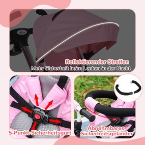 HOMCOM 6-in-1 παιδικό τρίκυκλο με ράβδο ώθησης, κουκούλα, ζώνη, καλάθι αποθήκευσης, 18+ μηνών, Ροζ