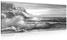 Εικόνα θαλάσσιων κυμάτων στην ακτή σε ασπρόμαυρο