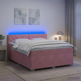 vidaXL Κρεβάτι Box Spring με Στρώμα και LED Ροζ 140 x 190 cm Βελούδο