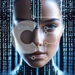 Intra Συλλεκτικό Ξύλινο Παζλ Plywood  4mm - Ψηφιακό πρόσωπο μιας γυναίκας με σύμβολα Cybernetics Σε Ξύλινο Κουτί - Διαστάσεις Puzzle: 10x10 cm – 25 κομμάτια