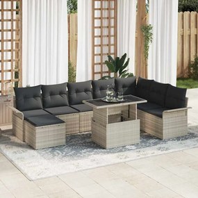 vidaXL Σετ Καναπέ Κήπου με μαξιλάρι 9 pcs Ανοιχτό γκρι Πολυ ράταν