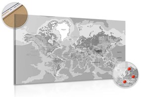 Εικόνα στο φελλό ενός κλασικού παγκόσμιου χάρτη σε ασπρόμαυρο - 90x60  peg