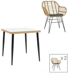 Τραπεζαρία Naoki V σετ 3τεμ pakoworld rattan pe σε φυσική απόχρωση και μαύρο μέταλλο 80x80x78εκ