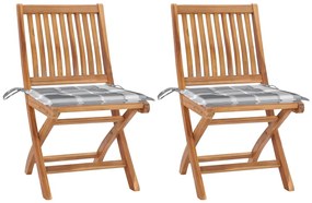vidaXL Καρέκλες Κήπου 2 τεμ. από Μασίφ Ξύλο Teak & Γκρι Καρό Μαξιλάρια
