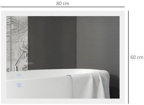 kleankin Καθρέφτης Μπάνιου LED, Οπίσθιος Φωτισμός, Λειτουργία Αφής, Λειτουργία Μνήμης, Χωρίς Ομίχλη, 80 x 60 cm