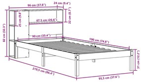 Κρεβάτι Βιβλιοθήκη Χωρίς Στρώμα 90x190 εκ Μασίφ Ξύλο Πεύκου - Καφέ