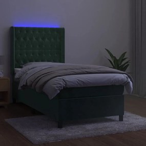 vidaXL Κρεβάτι Boxspring με Στρώμα &amp; LED Σκ. Πράσινο 90x200 εκ Βελούδο