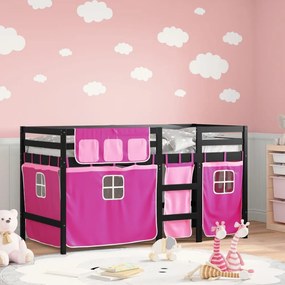 Υπερυψ. Κρεβάτι με Κουρτίνες Ροζ 90 x 200 εκ. Μασίφ Ξύλο Πεύκου - Ροζ